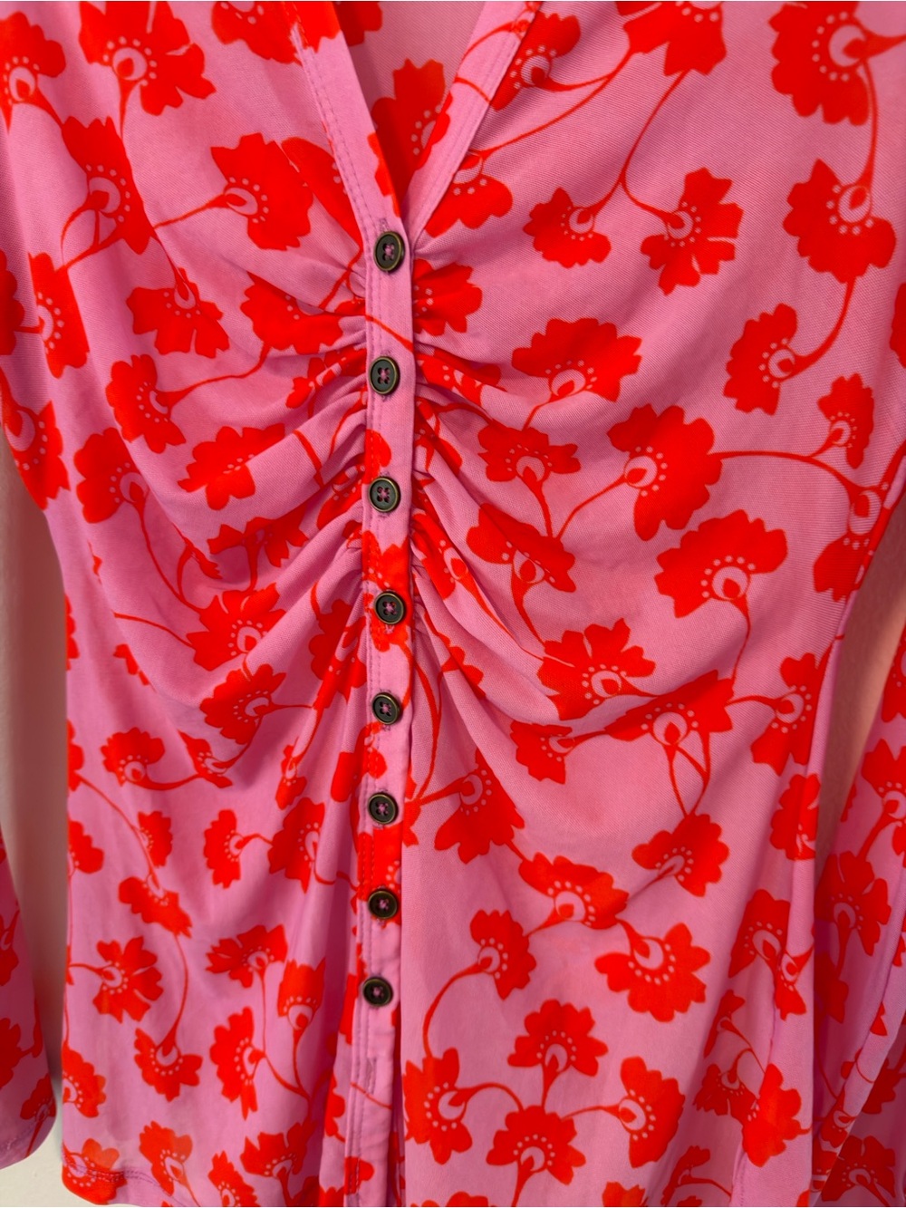 Free People Floral Mesh Ruched Button Down Top Size S Pink Red - Picture 5 of 7